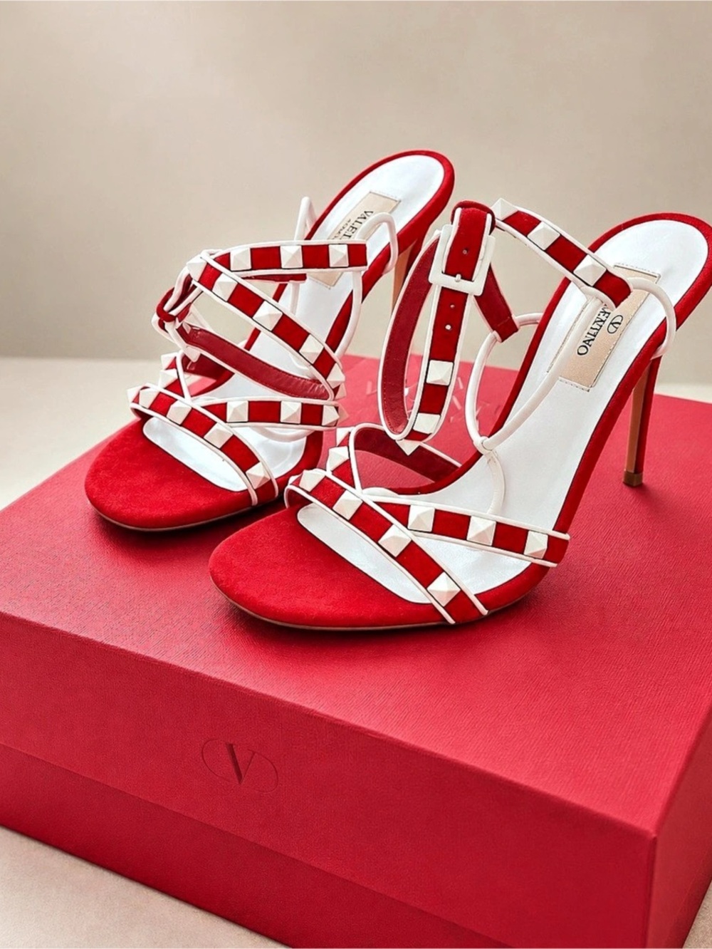 Valentino Rockstud Strappy Heels in Red & White EU 36 Like New